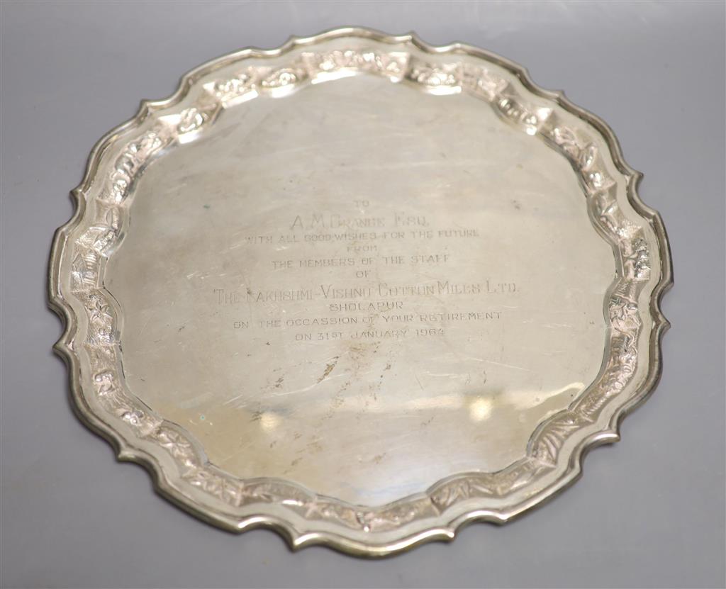 An Anglo-Indian Sterling silver presentation salver, Dia 30.5cm; 27.63oz